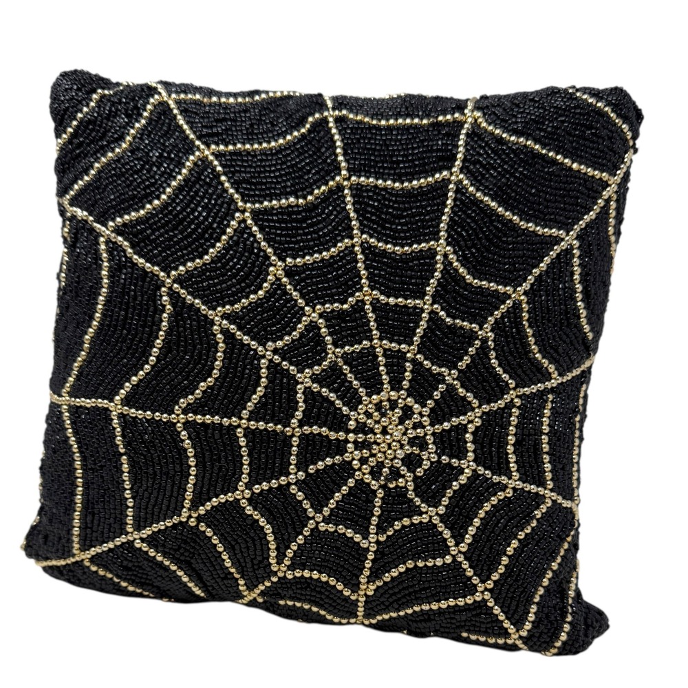 New Beaded Spiderweb Halloween Throw Pillow‎ Black & Gold Spooky Decor Accent